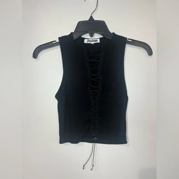 Joah Brown Lace Up Crop Tank - Picture 2 of 4